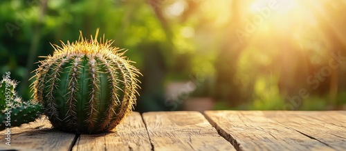 Cactus On Wood Table In Cactus Garden photo