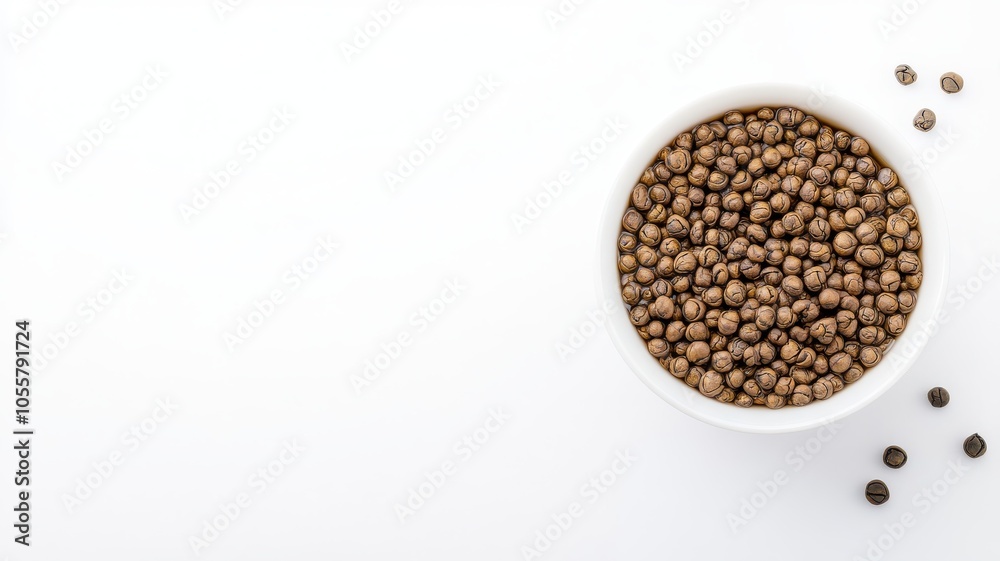 A bowl of whole peppercorns on a white background, showcasing their textured surface with some scattered around. A bowl of whole peppercorns on a white background, showcasing their textured surface with some scattered around.
