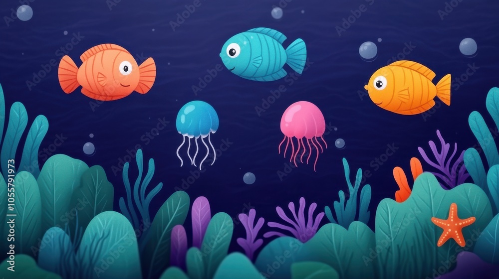 Naklejka premium Colorful Cartoon Underwater Scene with Fish and Jellyfish
