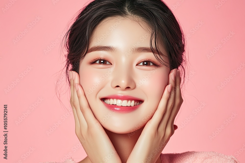 Skincare commercial photo of a happy Korean girl with a pink background Skincare commercial photo of a happy Korean girl with a pink background