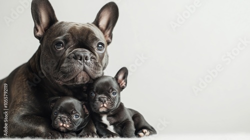 French Bulldog caring for her puppies against a white backdrop
