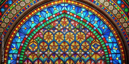 Colorful Stained Glass Arch Reflecting Vibrant Colors in Symmetrical Design