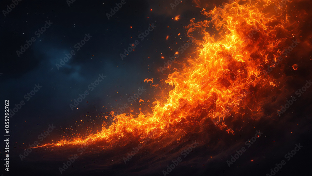 Fiery blaze with intense energy illuminating a dark backdrop