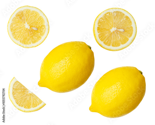 Top view set of fresh ripe yellow lemon fruits with halves and slices or quarters isolated on white background with clipping path