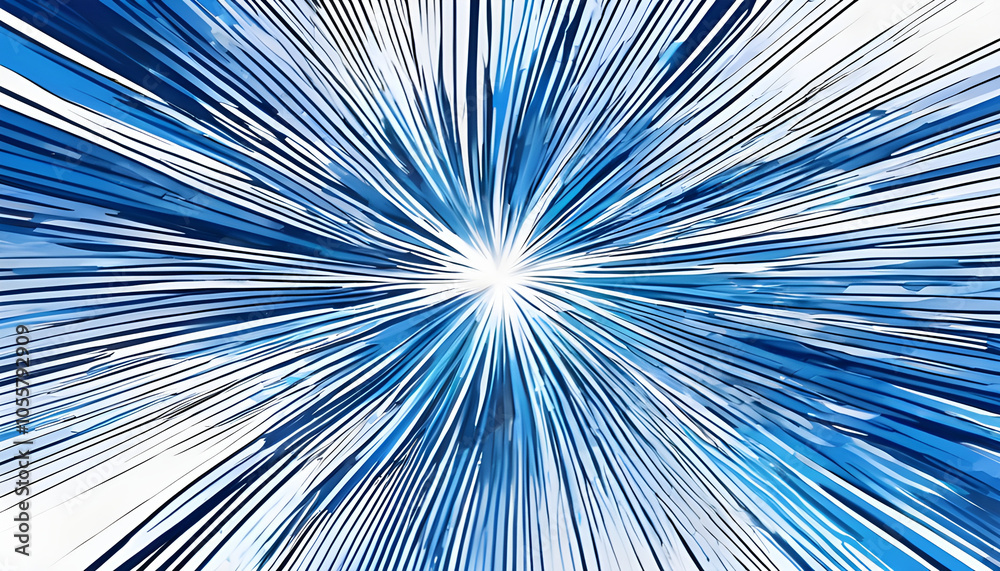 Fototapeta premium Comic zoom background in blue and white tones. Lines shoot out from the center, looking like they are moving rapidly.
