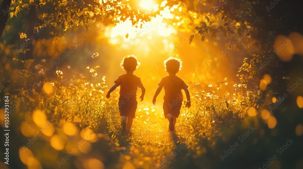 Two children walking in a sunlit forest, surrounded by nature. Two children walking in a sunlit forest, surrounded by nature.