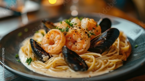 Creamy seafood pasta dish featuring shrimp and mussels served on a plate photo