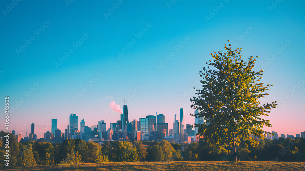 Fototapeta premium Clear blue sky with city skyline in the background, highlighting air quality awareness and environmental health, representing urban living and ecological balance in modern cities.