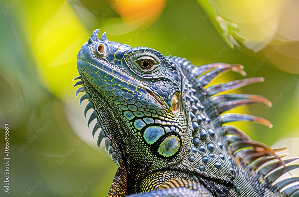Fototapeta premium Blue Iguana Portrait With Spiky Crest in a Green Tropical Forest