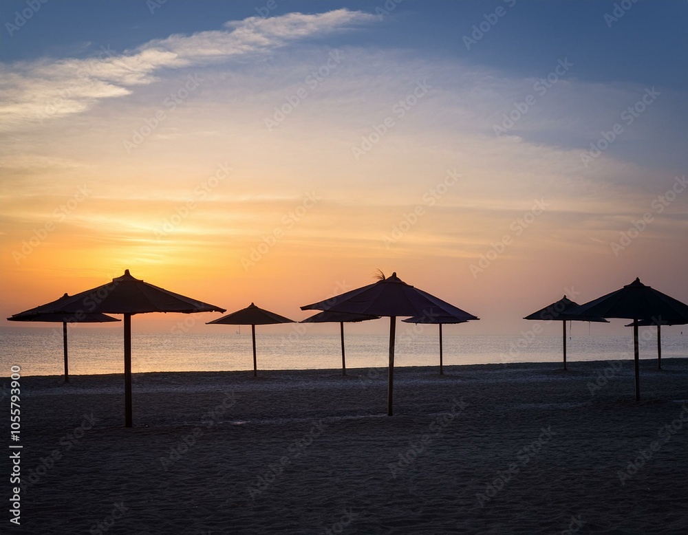 A sunset on the beach with tents A sunset on the beach with tents
