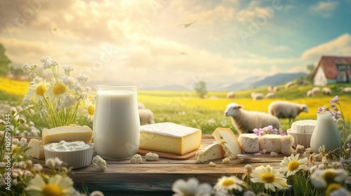 Fototapeta Naklejka Na Ścianę i Meble -  An assortment of dairy items such as milk cheese and yogurt artistically displayed on a wooden table set against a vibrant meadow with sheep in the distance