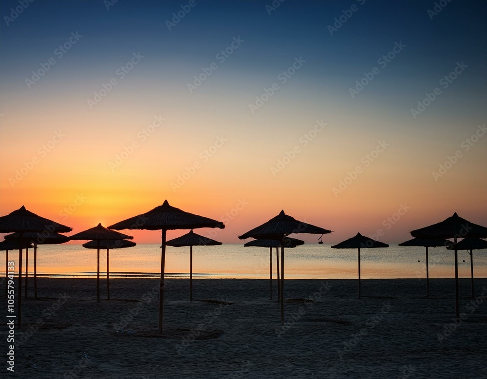 A sunset on the beach with tents A sunset on the beach with tents