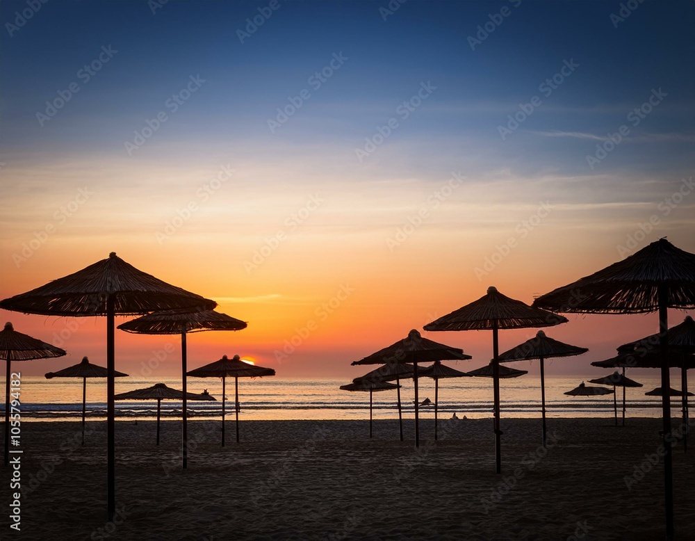 A sunset on the beach with tents A sunset on the beach with tents