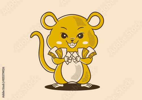 Rat mascot character holding a lot of money