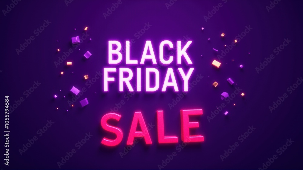 Glowing Black Friday Sale Sign Neon Text with Huge Discounts on a Dark Background Glowing Black Friday Sale Sign Neon Text with Huge Discounts on a Dark Background