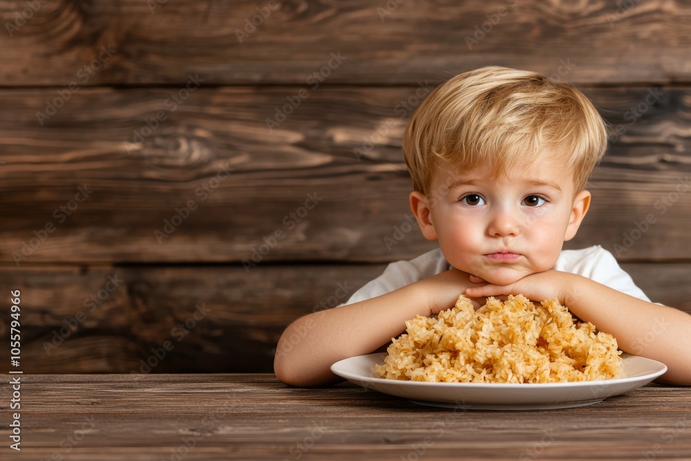 A young child rests his chin on his hands, looking at a plate of pasta on a wooden table, conveying feelings of curiosity or disappointment. A young child rests his chin on his hands, looking at a plate of pasta on a wooden table, conveying feelings of curiosity or disappointment.