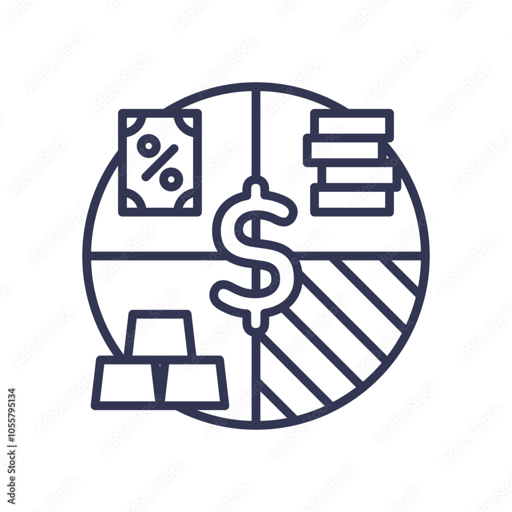 Pie chart with dollar sign, coins, gold bars, and percentage symbol representing financial diversification. Pie chart with dollar sign, coins, gold bars, and percentage symbol representing financial diversification.