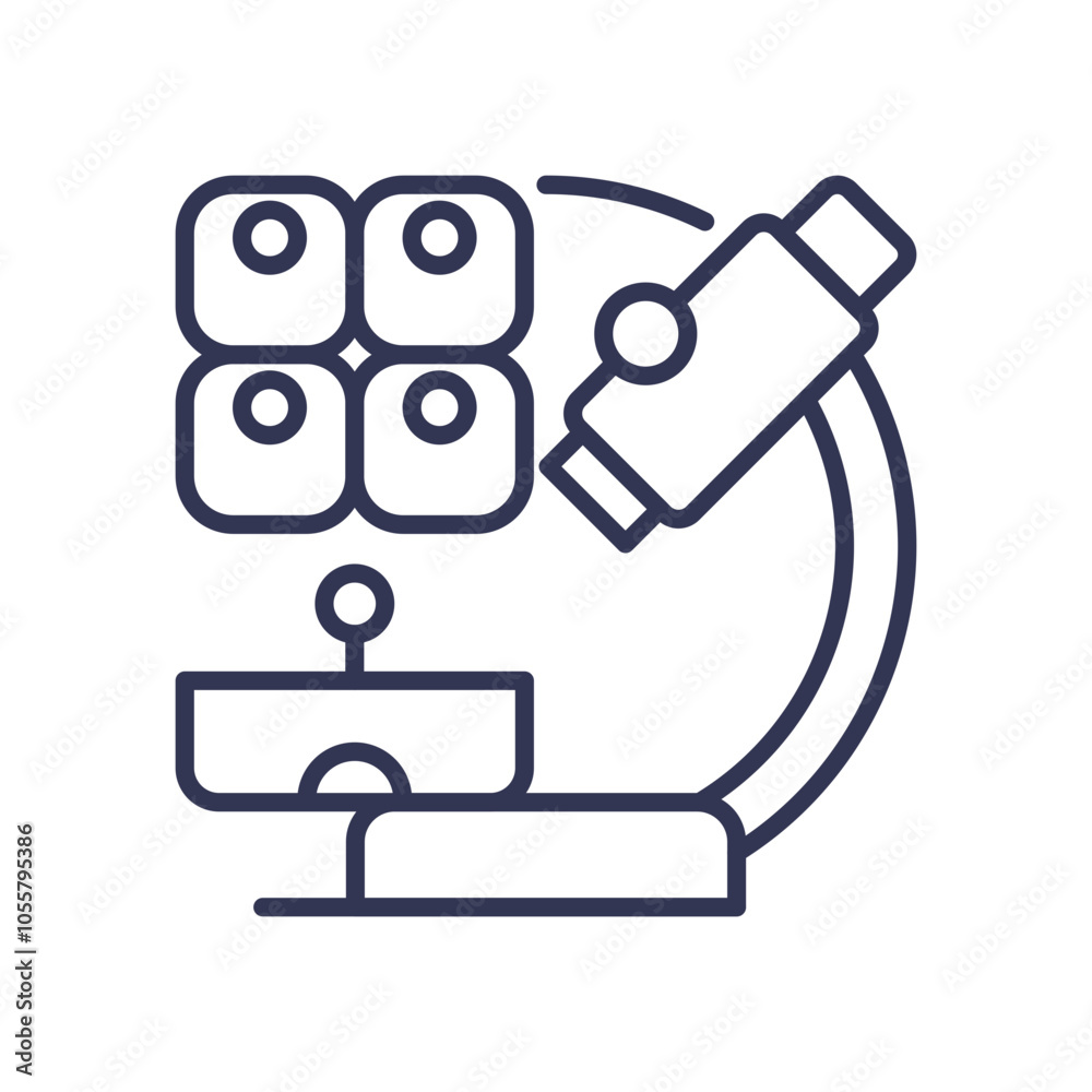 Line art of a microscope and cells, symbolizing scientific research and cellular biology. Line art of a microscope and cells, symbolizing scientific research and cellular biology.