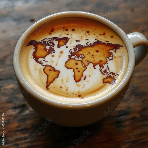A beautifully crafted latte featuring a detailed world map design in rich coffee colors on the creamy surface, served in a white cup on a textured wooden tabletop