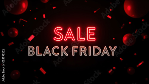 Glowing Black Friday Sale Sign Neon Text with Huge Discounts on a Dark Background