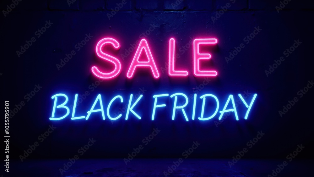 Glowing Black Friday Sale Sign Neon Text with Huge Discounts on a Dark Background