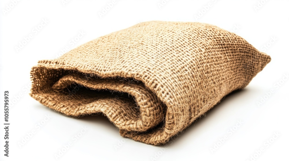 Empty burlap sack set against a clean white background