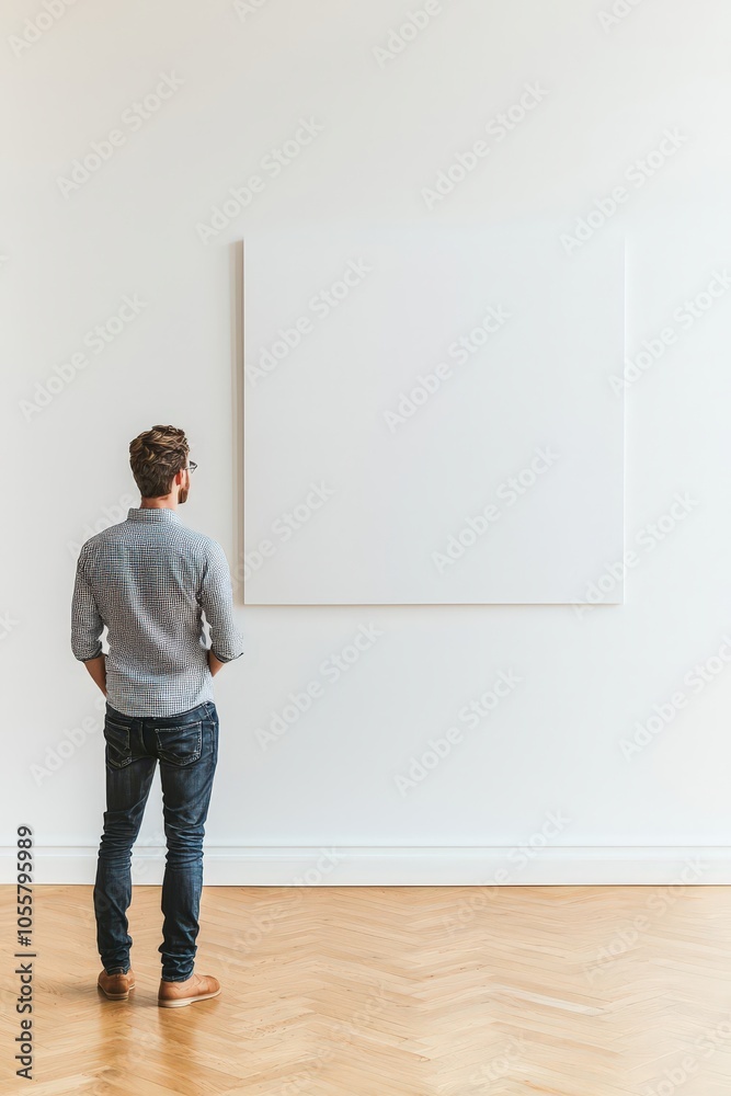 A man stands in front of a large white wall with a black A man stands in front of a large white wall with a black