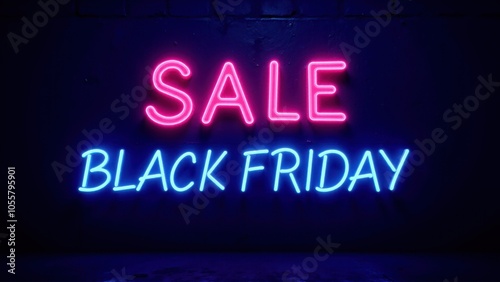 Glowing Black Friday Sale Sign Neon Text with Huge Discounts on a Dark Background