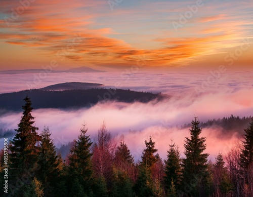 Evening landscape - silhouettes of fir trees on the background of bright sky and mountains