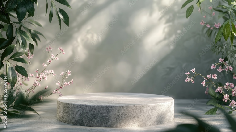 Grey backdrop featuring stone and blurred flowers enhanced by sunlight and shadowy leaves A podium base designed for showcasing skincare and cosmetic products Grey backdrop featuring stone and blurred flowers enhanced by sunlight and shadowy leaves A podium base designed for showcasing skincare and cosmetic products