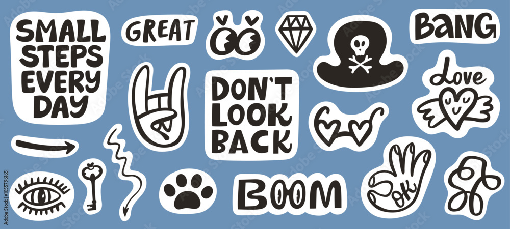 Fototapeta premium Funny black stickers and phrases set. Ok and rock signs, eyes, pirate hat, great, boom crazy icons. Hand drawn trendy vector illustration