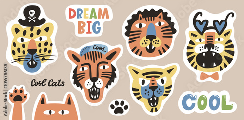 Styled trendy colorful meowing animal heads. Cute cat, cheetah and tiger hand drawn characters. Lettering quote dream big. Print, poster, logo, or sticker design. Vector set.