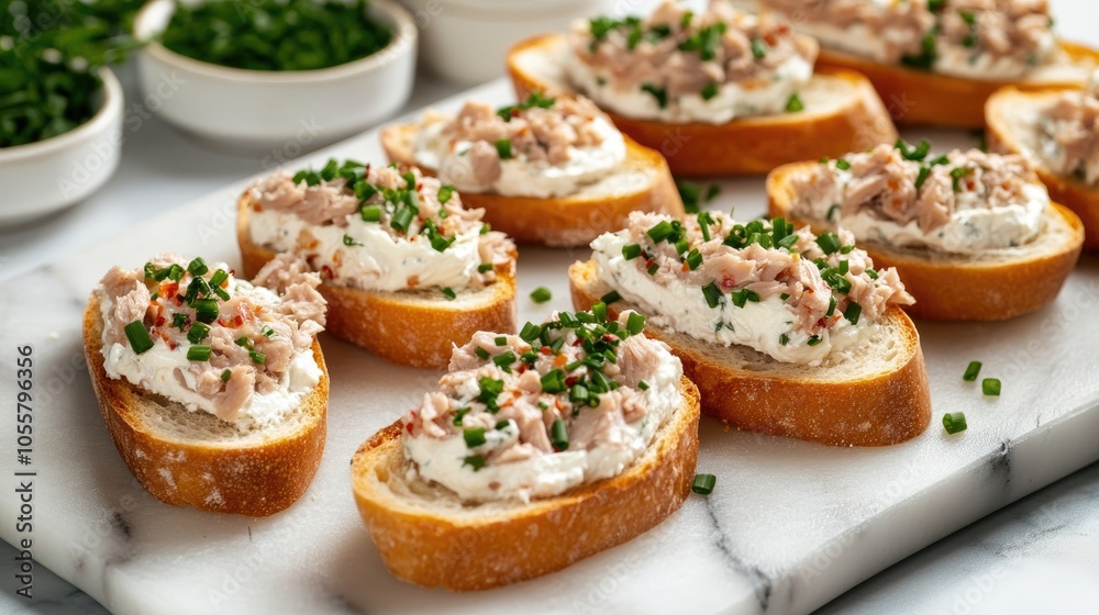 Baguette slices topped with fresh tuna cream cheese and chopped chives on a marble board arranged for a festive dining experience Baguette slices topped with fresh tuna cream cheese and chopped chives on a marble board arranged for a festive dining experience