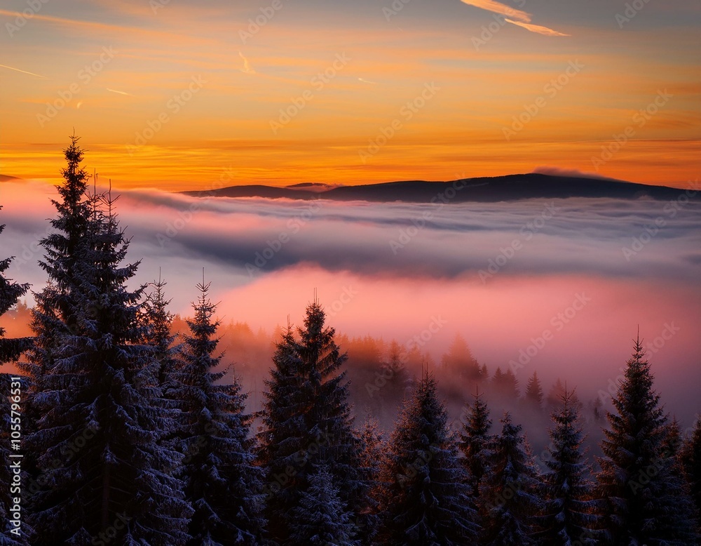 Fototapeta premium Evening landscape - silhouettes of fir trees on the background of bright sky and mountains