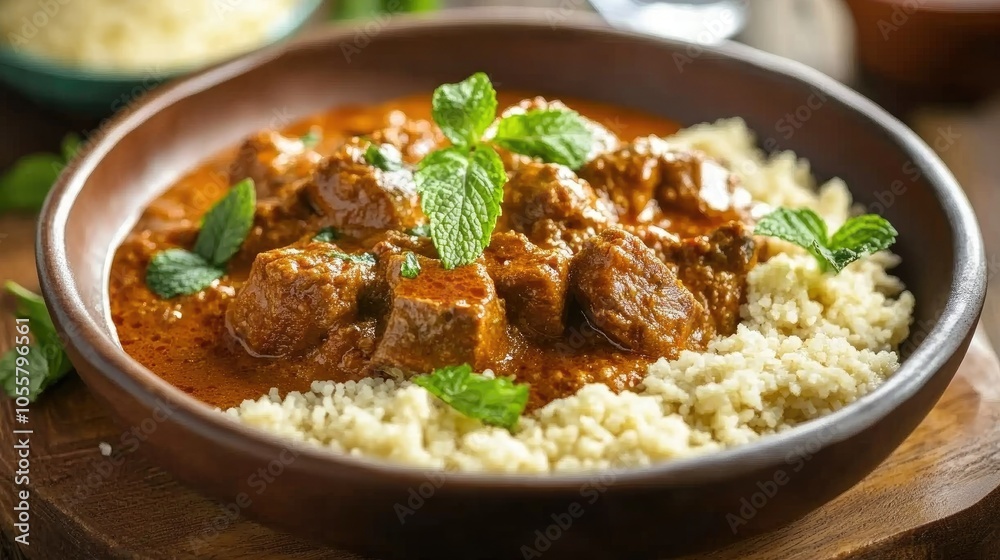Exotic lamb stroganoff served with a rich spicy sauce accompanied by Moroccan couscous and fresh mint leaves Exotic lamb stroganoff served with a rich spicy sauce accompanied by Moroccan couscous and fresh mint leaves