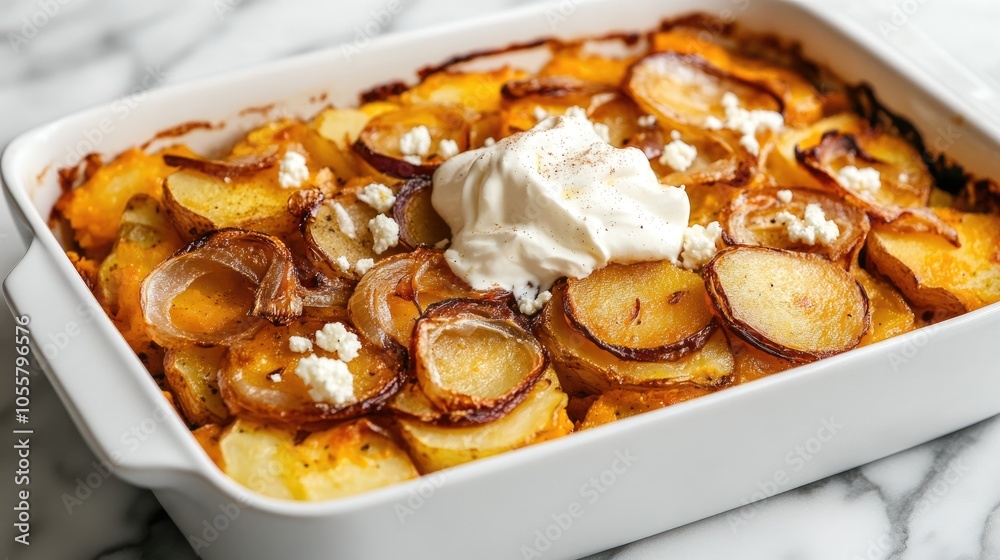 Layered potato and pumpkin casserole in a white dish featuring roasted onions crumbled feta cheese and a dollop of whipped cream set against a marble background
