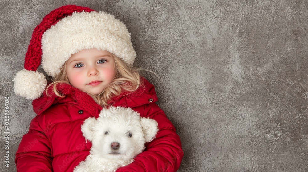 Fototapeta premium Adorable Little Girl in Santa Hat Holding White Puppy