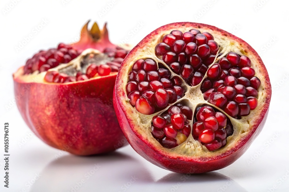 Juicy pomegranate cut in half on white surface, low angle view Juicy pomegranate cut in half on white surface, low angle view