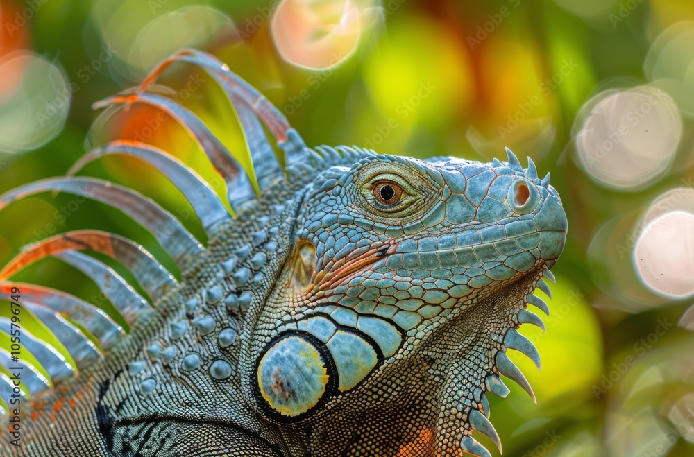 Fototapeta premium Blue Iguana Portrait With Spiky Crest in a Green Tropical Forest