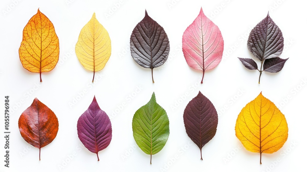 Obraz premium Set of different color leaves and branches isolated on a clean white backdrop.