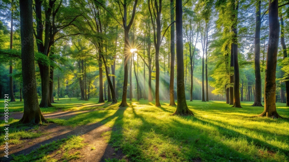 Tranquil forest clearing with tall trees casting dappled shadows in sunlight Tranquil forest clearing with tall trees casting dappled shadows in sunlight