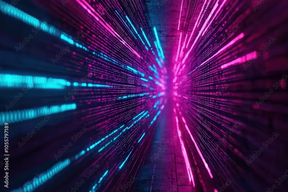 Futuristic Neon Tunnel with Vibrant Light Patterns Indicating Technology and Innovation Futuristic Neon Tunnel with Vibrant Light Patterns Indicating Technology and Innovation