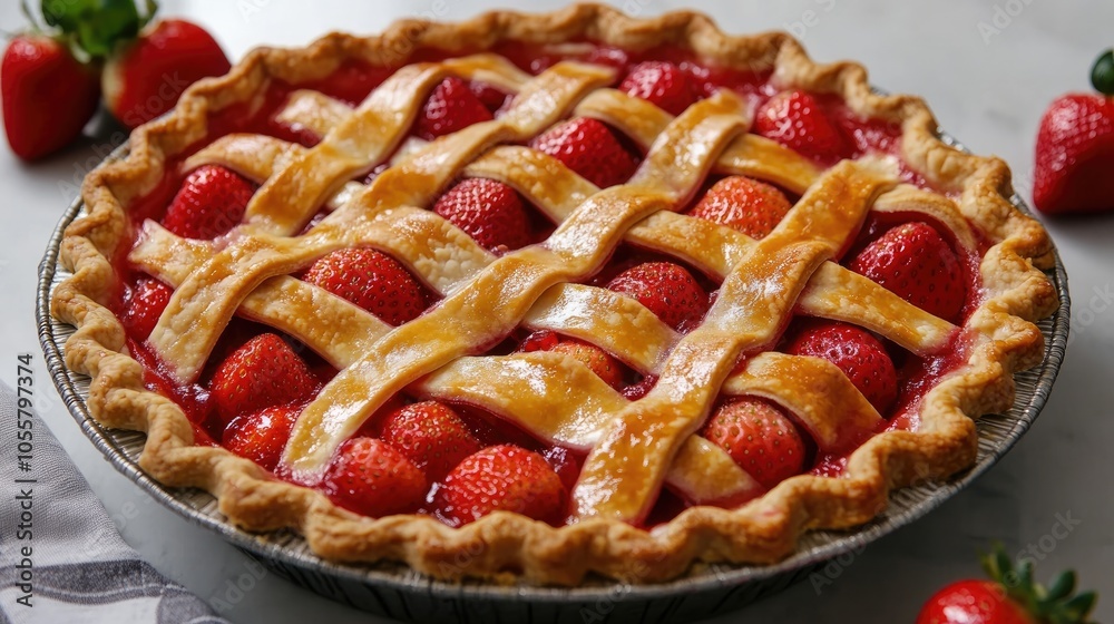 Traditional strawberry pie featuring a decorative lattice crust Traditional strawberry pie featuring a decorative lattice crust