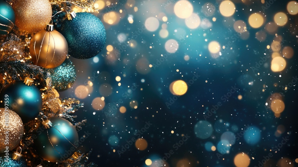 Festive background featuring shimmering golden and blue ornaments for the holiday season Festive background featuring shimmering golden and blue ornaments for the holiday season