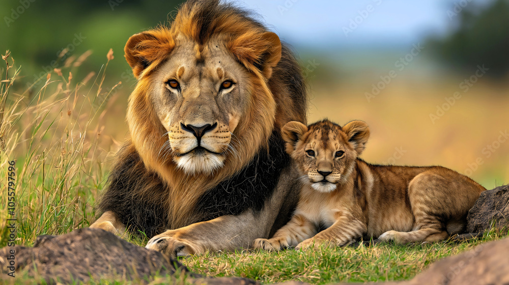Male lion and cub resting in African wilderness, embodying the beauty of wildlife on safari, carnivorous feline predators lying in natural savanna habitat, big wild cat