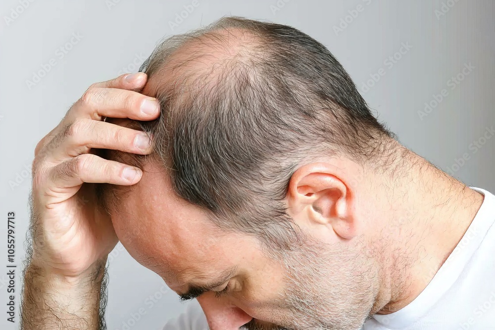 Concept of middle-aged man looking in the mirror with alopecia, hair loss Concept of middle-aged man looking in the mirror with alopecia, hair loss