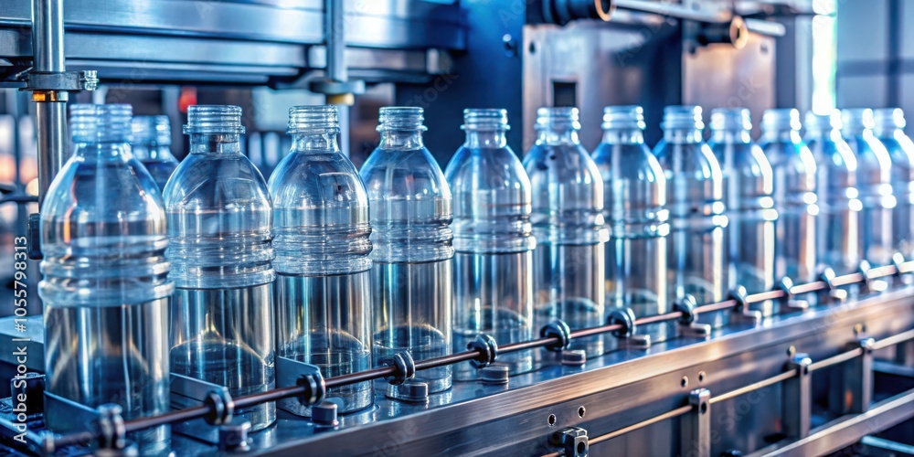 Closeup of multiple empty plastic bottle molds on production line in a factory Closeup of multiple empty plastic bottle molds on production line in a factory