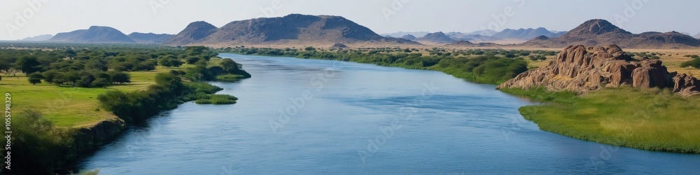 A river with a green grassy bank. The water is calm and clear. The sky is blue and there are mountains in the background A river with a green grassy bank. The water is calm and clear. The sky is blue and there are mountains in the background