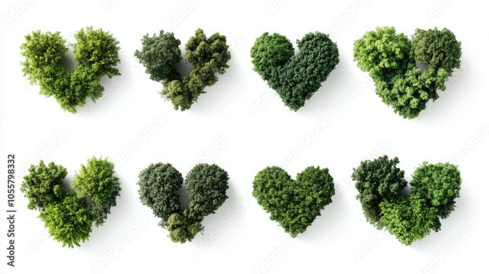 Set of heart-shaped forests, isolated, white background, top view, symbol of environmental conservation Set of heart-shaped forests, isolated, white background, top view, symbol of environmental conservation