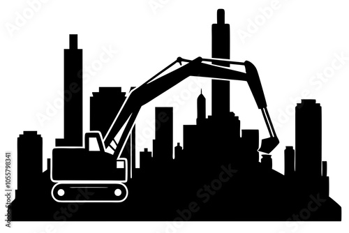 Construction excavator silhouette vector.